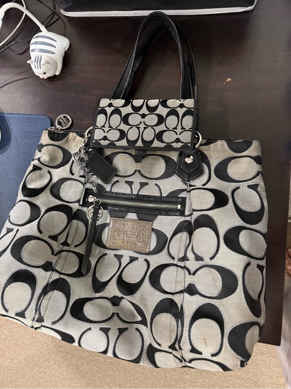 Coach Black and Silver Signature Jacquard Tote